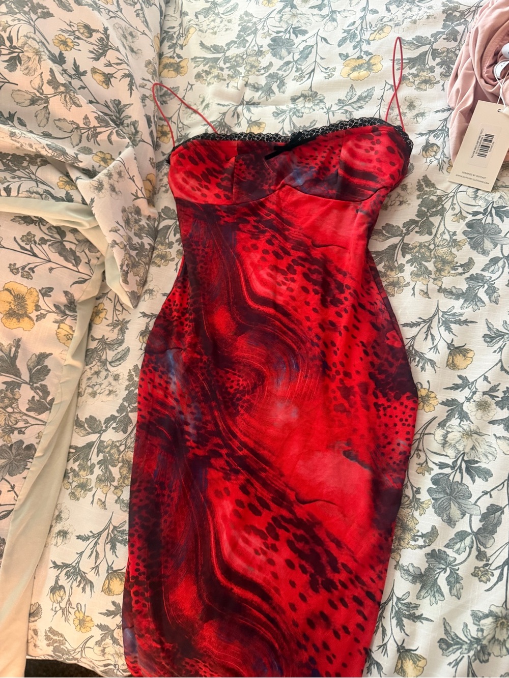 Red Printed Slip Dress with Lace Trim